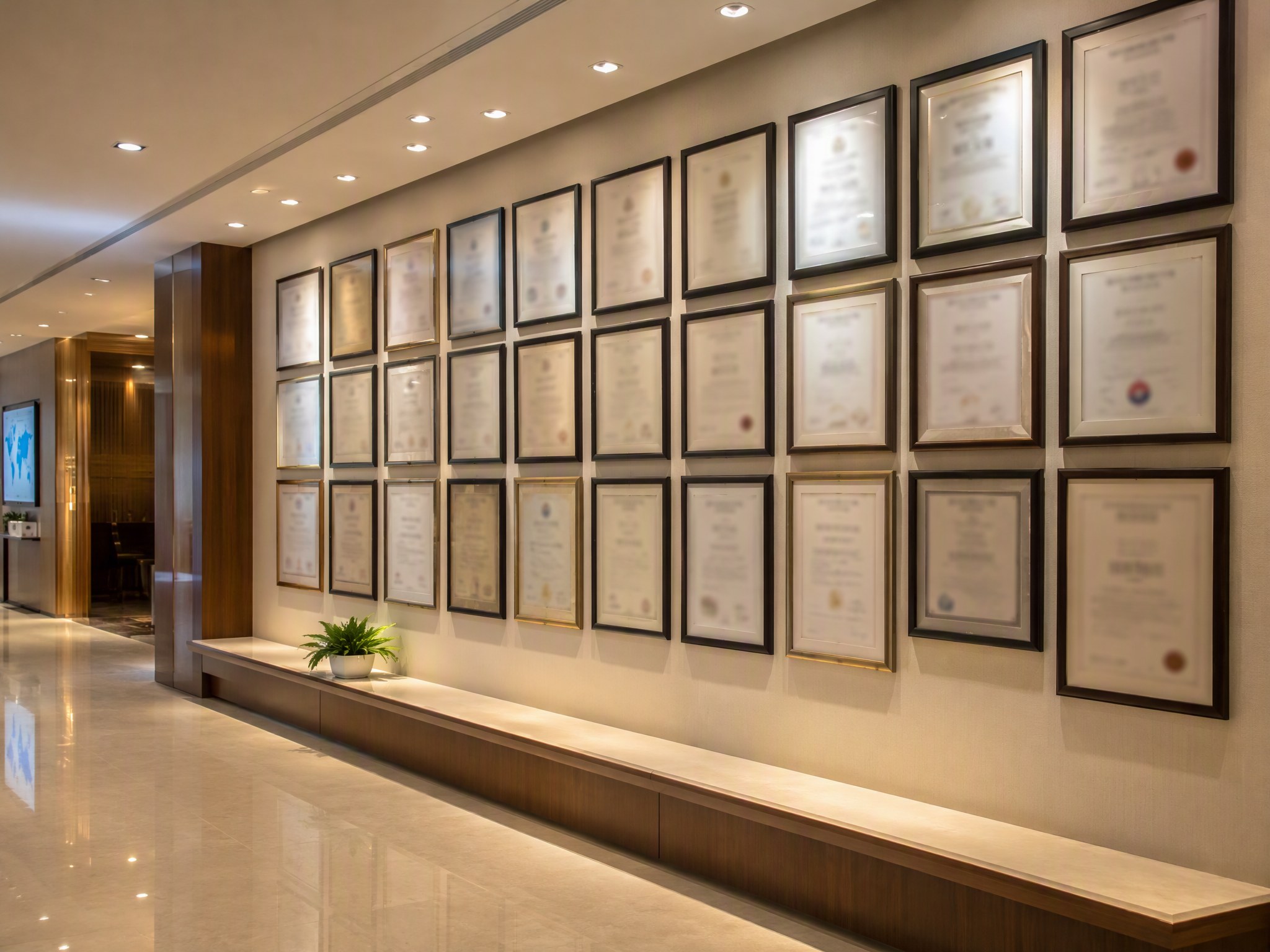 Qinghekang certification wall with ISO, HACCP, HALAL, KOSHER, NOP and EOS certificates