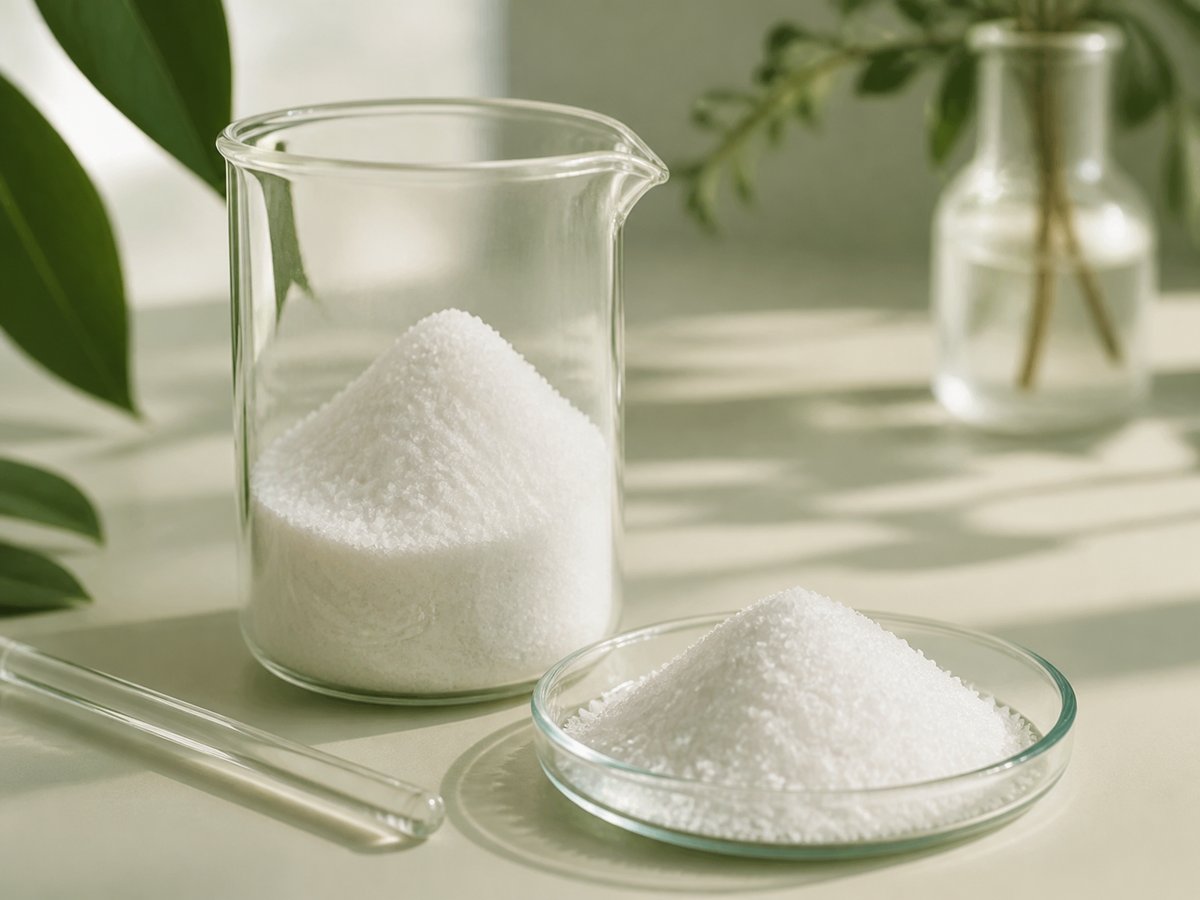 White crystalline amino acid powder in glass laboratory beaker and dish
