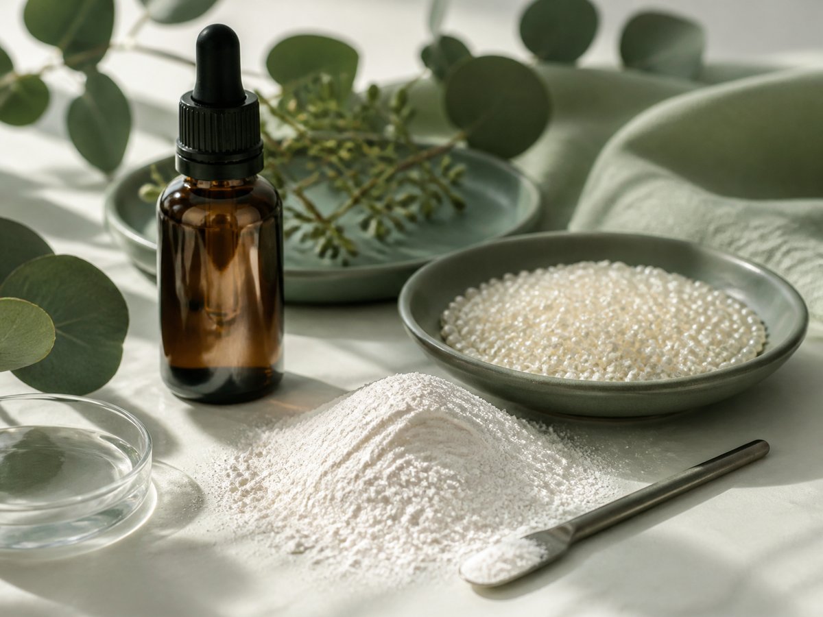 Cosmetic ingredient still life with dropper bottle, pearlescent micro-beads and fine white powder