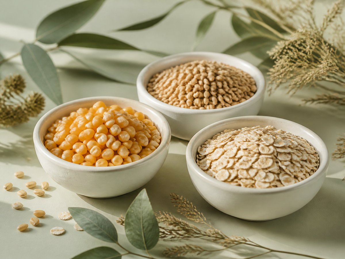 Corn kernels and cereal grains in ceramic bowls with green leaf accents