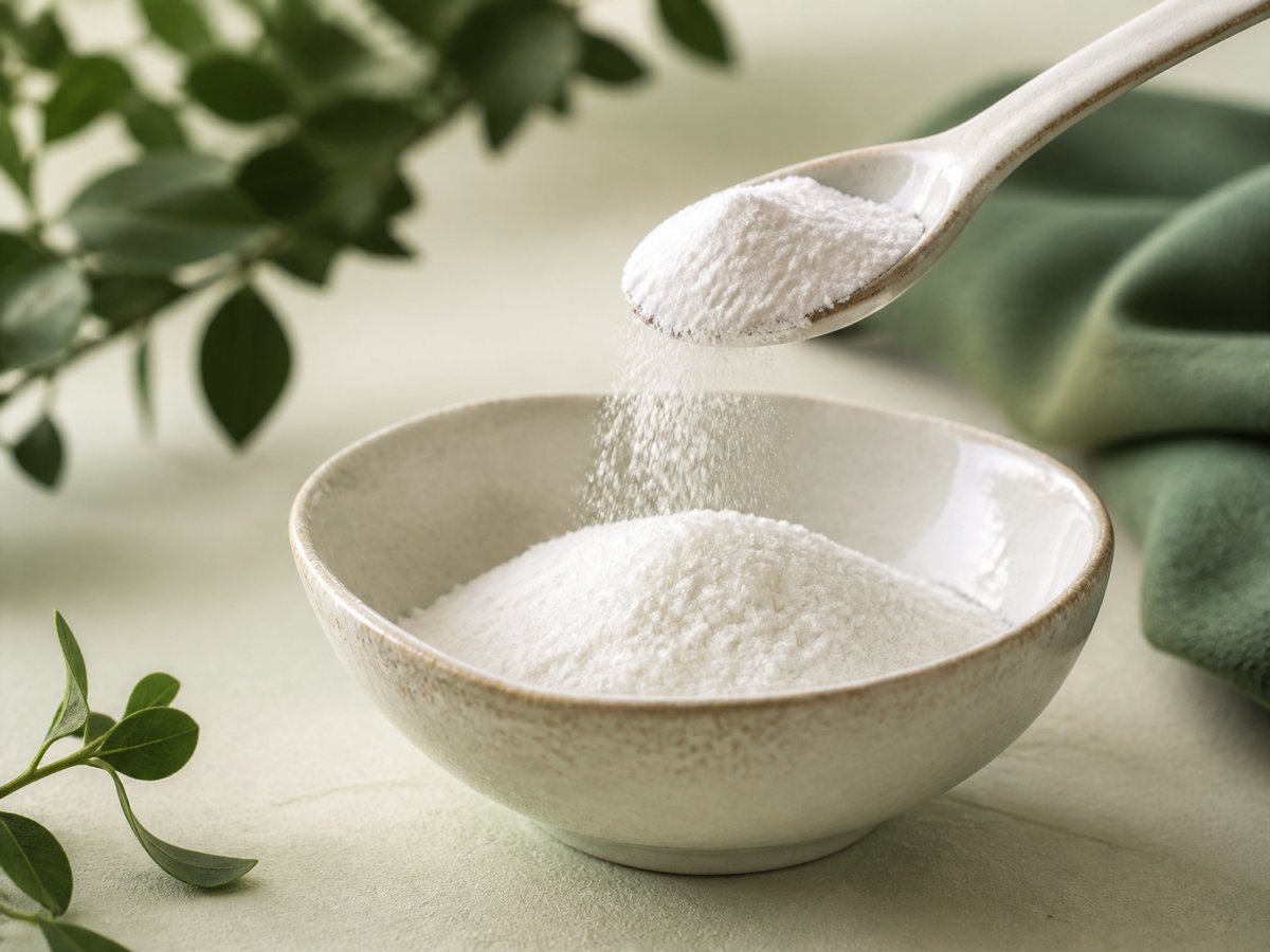 Ceramic spoon scooping fine white powder into a ceramic bowl