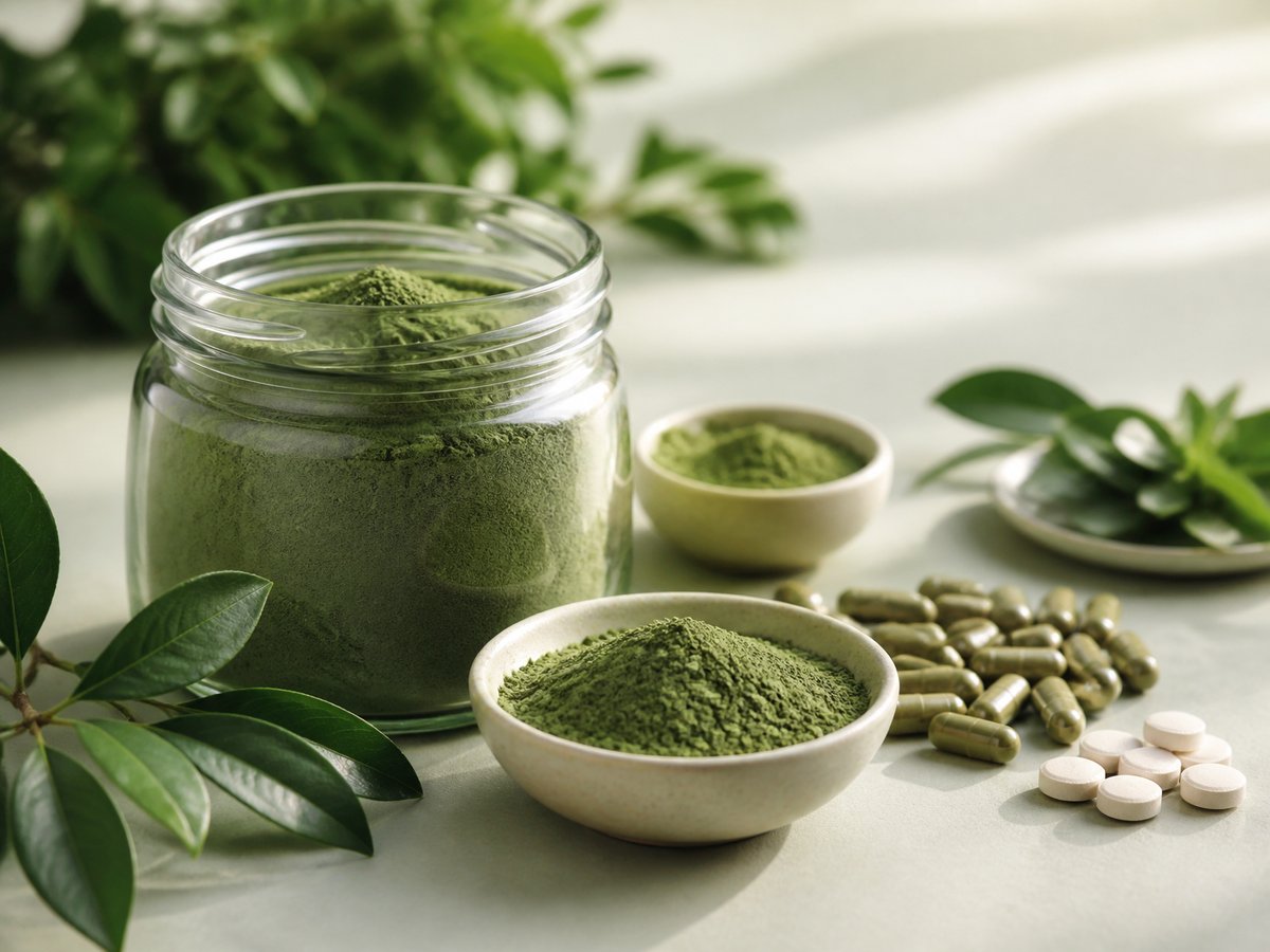 Supplement capsules and tablets with green botanical powder and fresh leaves