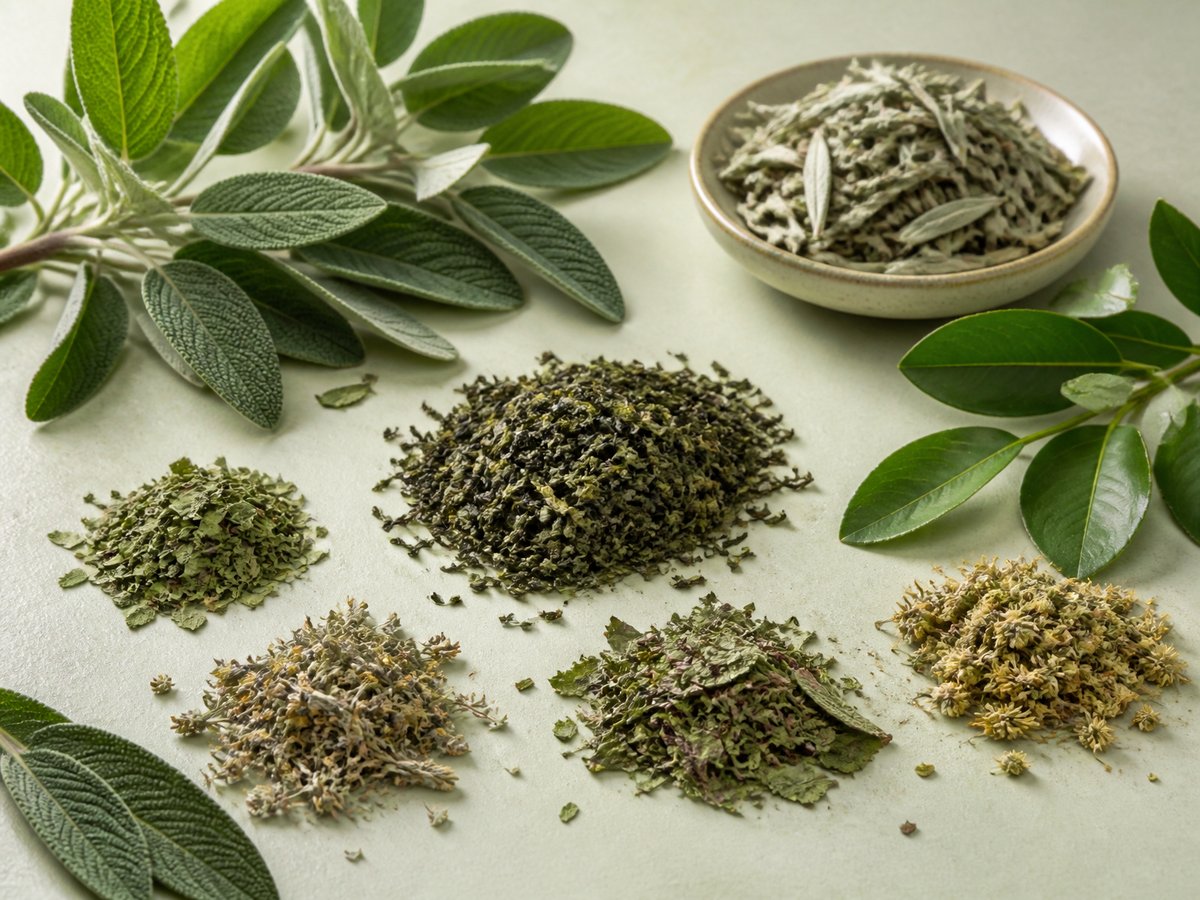 Fresh and dried botanicals with green leaves on a pale stone surface